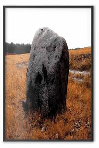 Poster: Indicazione stradale - paesaggio con pietra nera su prato dorato