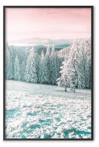 Poster: Inverno severo - paesaggio invernale boschivo su montagne rosse