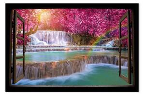 Quadro su tela Alberi rosa e cascata largo