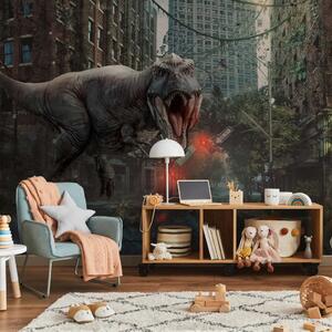 Carta da parati Motivo fantasy - Dinosauro circondato da architettura urbana distrutta