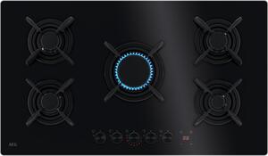 Aeg Piano Cottura 5 Fuochi a Gas Larghezza 88 cm in Vetro colore Nero - HKB95453NB Serie 8000 Flamelight