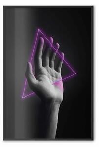 Poster: Mano e triangolo - mano in bianco e nero con triangolo neon fantasioso