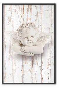 Poster: Alba felice - scultura di un angelo su sfondo bianco di legno
