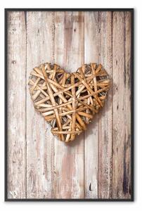Poster: Cuore caldo - cuore marrone con un mazzo su texture di assi di legno