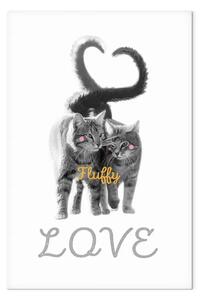 Quadro contemporaneo Gatti innamorati - grigi, animali pelosi con una scritta in inglese amore su uno sfondo bianco in uno stile moderno
