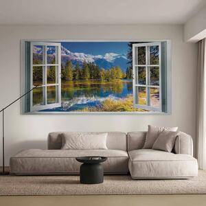 Mattina in montagna II - vista dalla finestra su paesaggio montano con alberi e acqua
