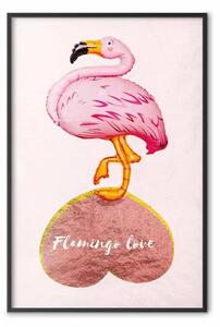 Poster: Flamingo innamorato - uccello rosa e scritte su pastello