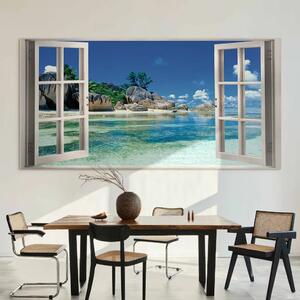 Paradiso in terra II - vista dalla finestra su paesaggio marino con spiaggia piena di grandi rocce e acqua azzurra