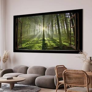 Alba nella foresta II - vista dalla finestra su paesaggio forestale con sole tra gli alberi