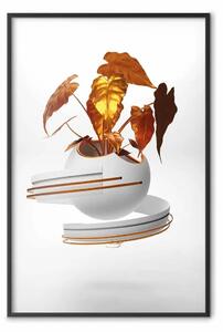 Poster: Foglie di rame - astratto vaso con foglie dorate su sfondo bianco