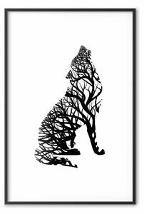 Poster: Percorso lupo - alberi astratti con sagoma lupo su bianco