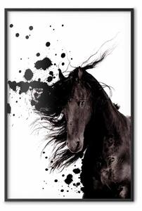Poster: Elemento astratto - cavallo nero e macchie astratte su sfondo bianco