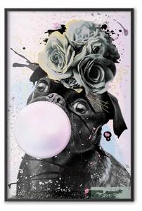 Poster: Carlino gomma - cane nero e divertente con fiori pastello