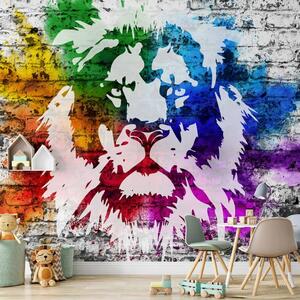 Carta da parati moderna Città in Africa - motivo leone colorato su sfondo bianco