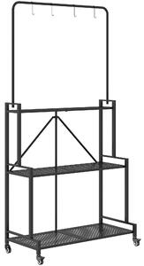 Outsunny Supporto per piante a 3 livelli pieghevole con ruote, ganci, scaffale per piante in metallo, Nero | Aosom Italy