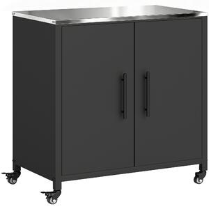 Outsunny Armadio da giardino con tavolo da rinvaso Capanno porta attrezzi con piano in acciaio inox ripiano rimovibile magnetico Doppia porta Ruote | Aosom Italy