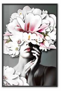 Poster: Sogno d'amore - ritratto donna con fiori su sfondo grigio