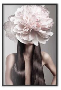 Poster: Testa floreale - ritratto fantasioso donna con fiore su sfondo grigio