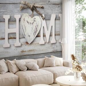 Carta da parati Amore di casa - scritta in inglese su sfondo grigio a texture di legno