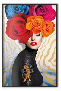 Poster: Tigre sulla spalla - ritratto di donna con fiori colorati in testa