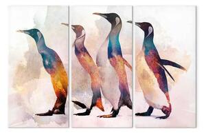 Quadro su tela Giro dei pinguini (3 pezzi) - uccelli colorati su sfondo creativo
