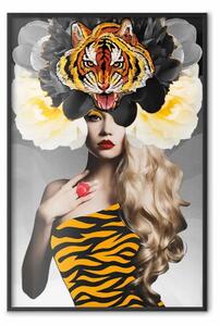 Poster: Occhio di tigre - astratta donna in costume da tigre su sfondo grigio