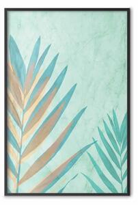 Poster: Sottile esotismo - foglie tropicali su texture blu