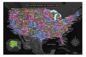 Quadro Mappa multicolore del Nord America - su uno sfondo nero