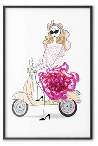 Poster: Ragazza in scooter - astratta donna con fiore su sfondo bianco