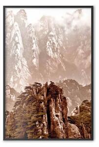Poster: Monolite - paesaggio montagna con dettagli piante seppia