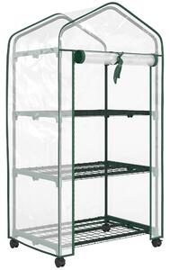 Outsunny Miniserra da giardino con 3 ripiani, telo in PVC ad alta densità, porta avvolgibile 4 ruote 69 x 49 x 130 cm trasparente | Aosom Italy