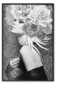 Poster: Principessa d'argento - ritratto di donna con fiori su sfondo astratto