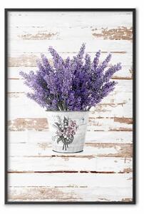 Poster: Mazzo di lavanda - fiori viola in vaso su sfondo di assi di legno