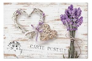 Quadro Posta di lavanda largo - fiori e cuore di legno