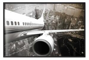 Poster: Decollo dell'aereo - dettaglio aereo su architettura grigia