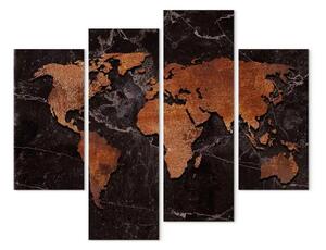 Quadro su tela Mappa di rame (4 pezzi) - mappa del mondo con texture ossidata