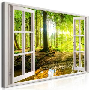 Finestra: vista sulla foresta II - paesaggio con sole tra gli alberi sopra un pittoresco laghetto