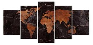 Quadro su tela Mappa di rame (5 pezzi) largo - mappa del mondo su sfondo metallico