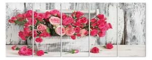 Quadro su tela Rose in vaso (5 pezzi) largo - fiori rosa in stile vintage