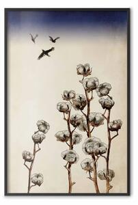 Poster: Rametti di cotone - composizione con piante e uccelli