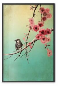 Poster: Fiori di ciliegio - composizione colorata con uccello