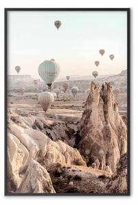 Poster: Viaggio incantato - paesaggio con picchi rocciosi e mongolfiere