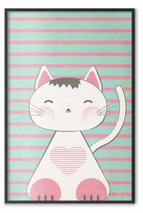 Poster: Gatto a strisce - animale con cuore su sfondo a strisce turchese