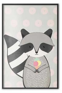 Poster: Orsetto goloso - animale grigio divertente con gelato su sfondo a pois