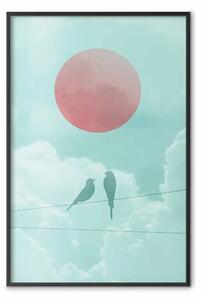 Poster: Tramonto pastello - uccelli astratti su sfondo di nuvole blu