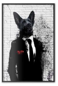 Poster: Cane d'affari - animale fantasioso in completo su parete di mattoni