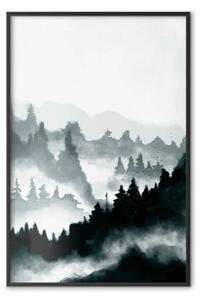 Poster: Paesaggio nebbioso - paesaggio di bosco e montagne cupo