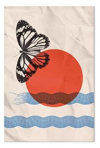 Quadro moderno Alba del mare con farfalla - astrazione su sfondo di carta sgualcita