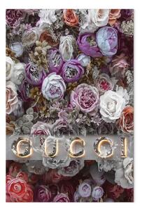 Quadro contemporaneo Gucci e rose verticale - scritta su sfondo di fiori colorati