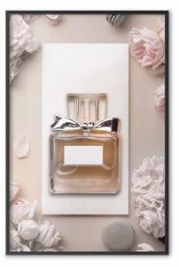 Poster: Il mio profumo - flacone di lusso in vetro tra fiori in colori chiari